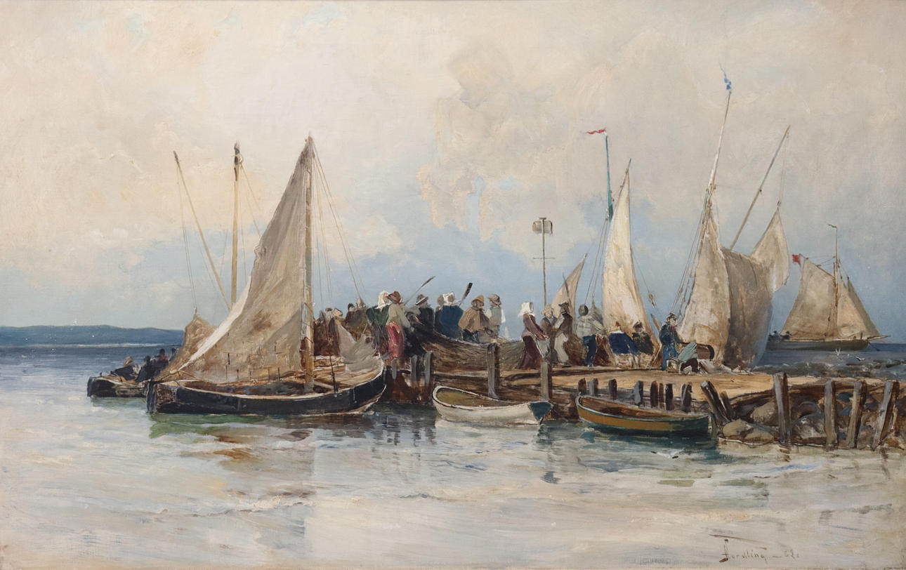 Pintura de veleros y gente en un muelle junto al mar